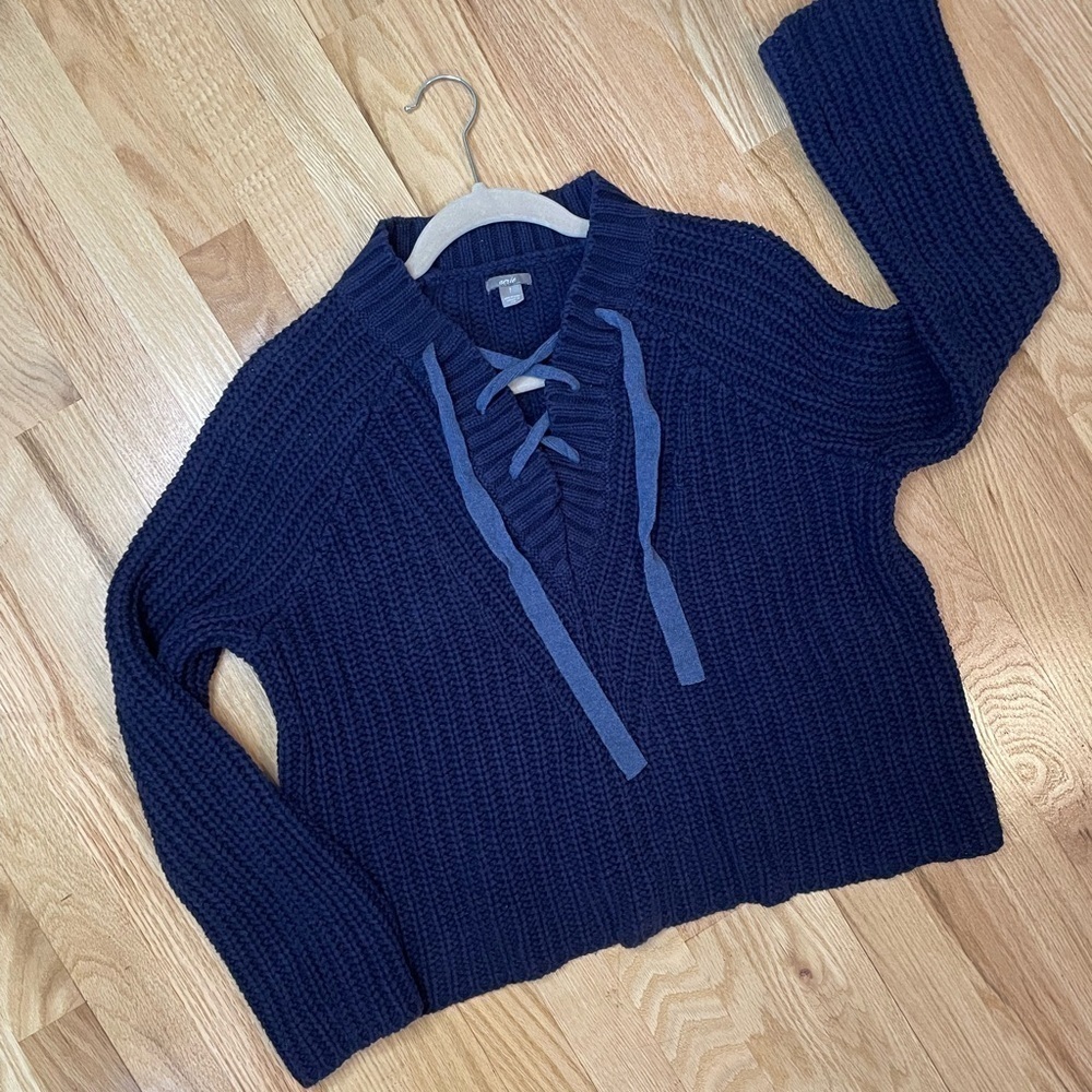Aerie Chunky Cable Knit Lace Up Blue Sweater Size Small